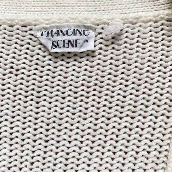 Vintage Women Cardigan Sweater Size Large Ivory Cableknit Varsity Boho 90s - Picture 10 of 13